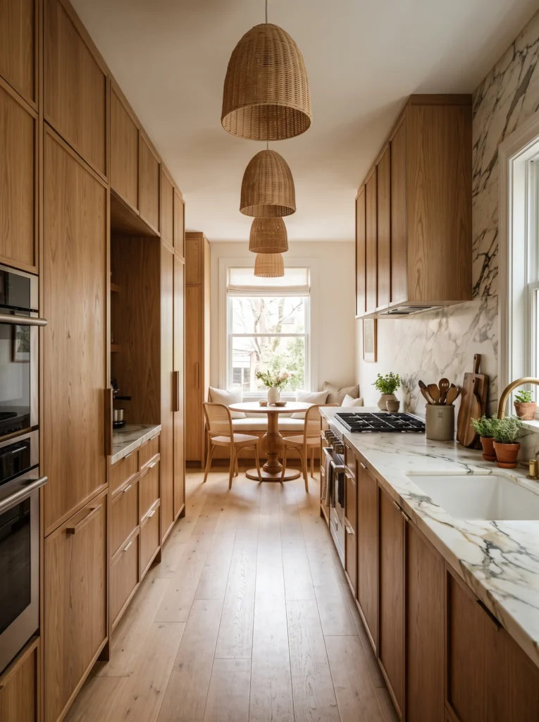 A narrow galley kitchen with warm wood cabinetry, marble backsplash, a cluster of woven rattan pendant lights, and a small breakfast nook at the end