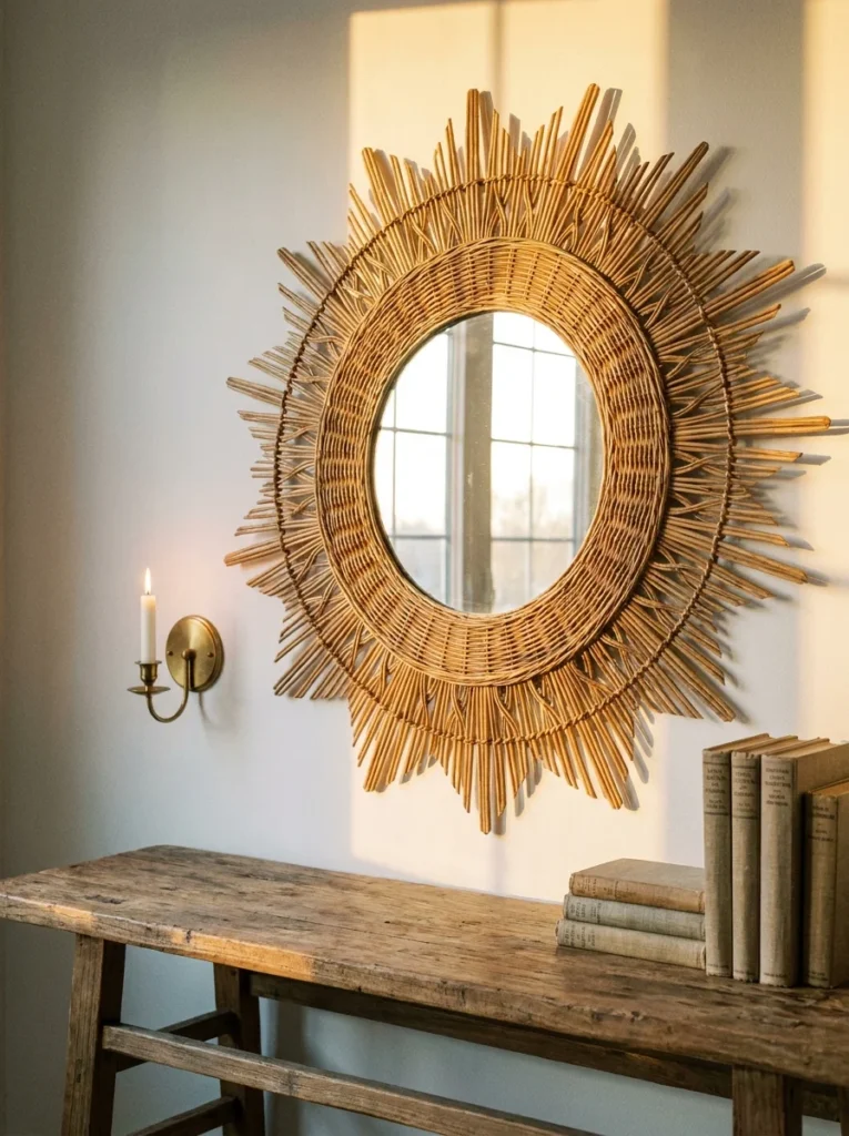  A round mirror framed with woven rattan in a sunburst pattern, mounted on a white wall above a rustic wood console table with stacked books and a candle sconce