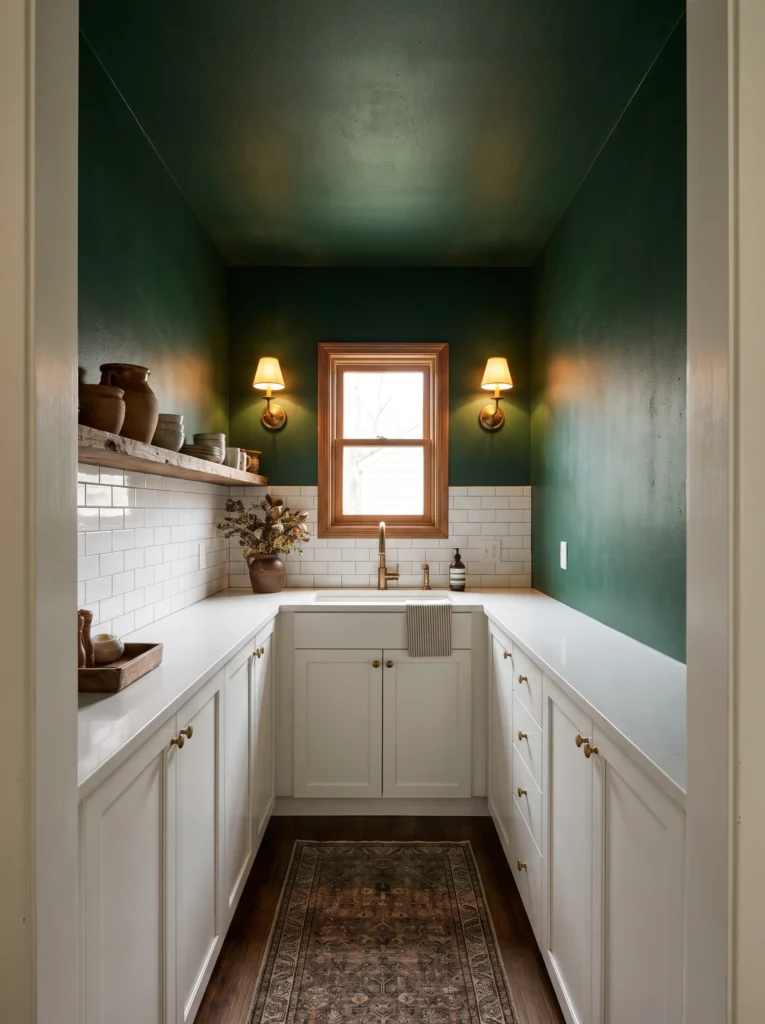 A small kitchen features a deep green ceiling and upper walls above white lower cabinets, lit by brass wall sconces and a wood-framed window