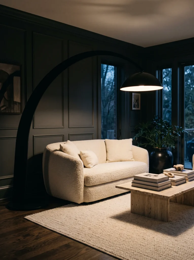 A dark paneled living room at dusk with a cream boucle loveseat, black arc floor lamp, and a travertine coffee table