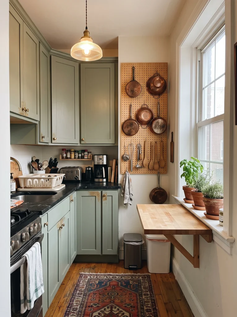 Small vintage-style kitchen with sage green cabinetry, black soapstone counters, wood pegboard wall holding copper pots and utensils, fold-down butcher block table by the window, and potted herbs on the windowsill