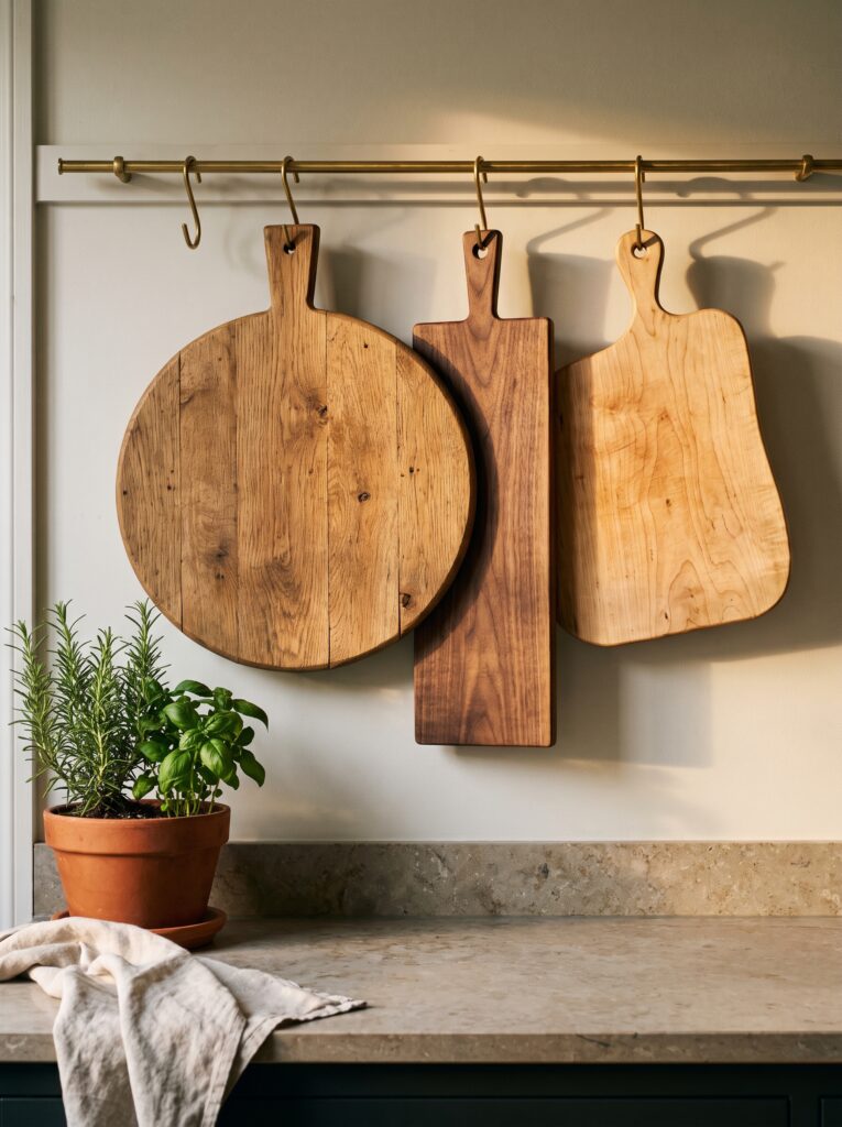 three different wooden cutting boards, round, rectangular, and paddle-shaped, hanging from a brass rail with S-hooks above a counter with a potted herb plant