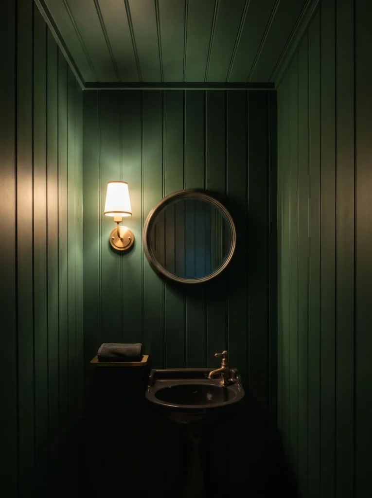 small dark green paneled powder room with round vintage mirror, brass wall sconce, and dark ceramic sink with brass faucet