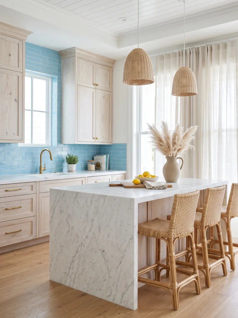  Coastal-style kitchen with light wood cabinetry, blue subway tile backsplash, marble waterfall island, rattan barstools, sheer linen curtains, and a stoneware pitcher filled with pampas grass