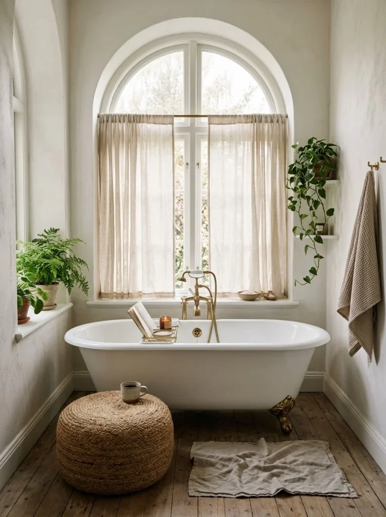 White clawfoot bathtub under an arched window with sheer linen curtains, a brass bath caddy holding a book and candle, and a jute pouf beside the tub holding a coffee mug