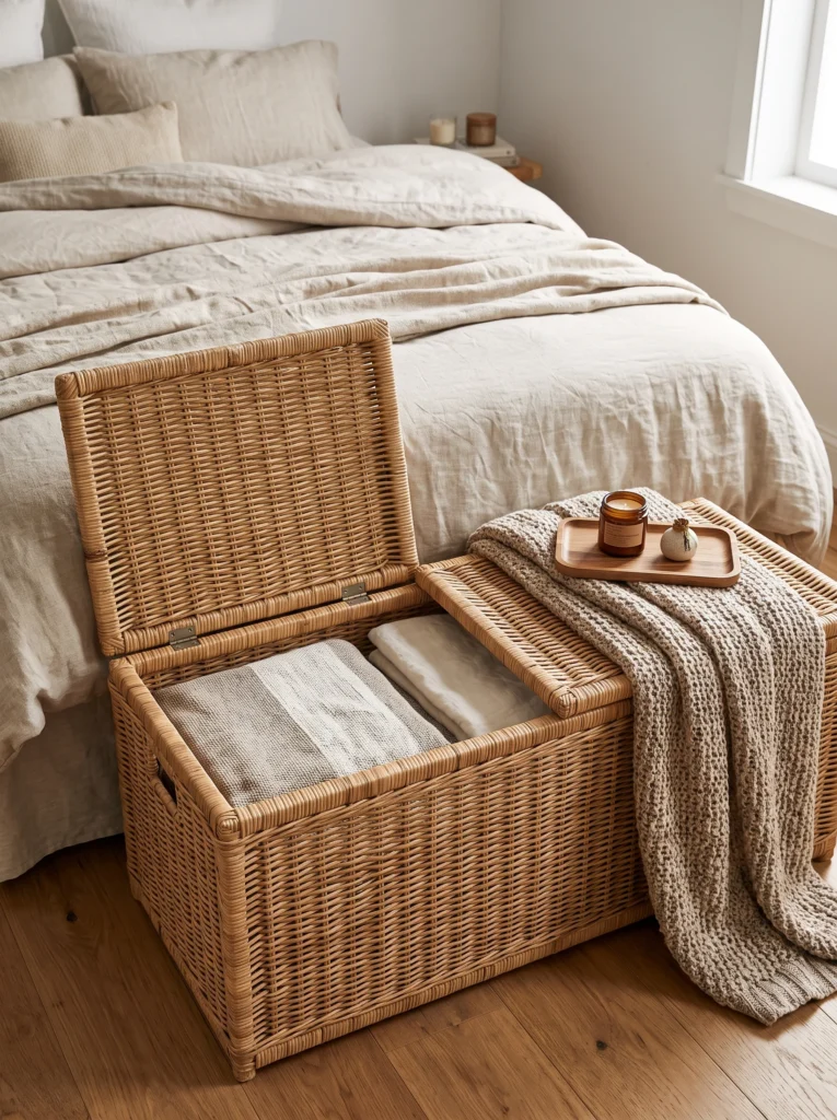 Small bedroom corner with a wall-mounted fold-down wooden desk holding a laptop, notebook, and mug, paired with a woven rattan chair and a pegboard organizer above holding plants, scissors, and stationery