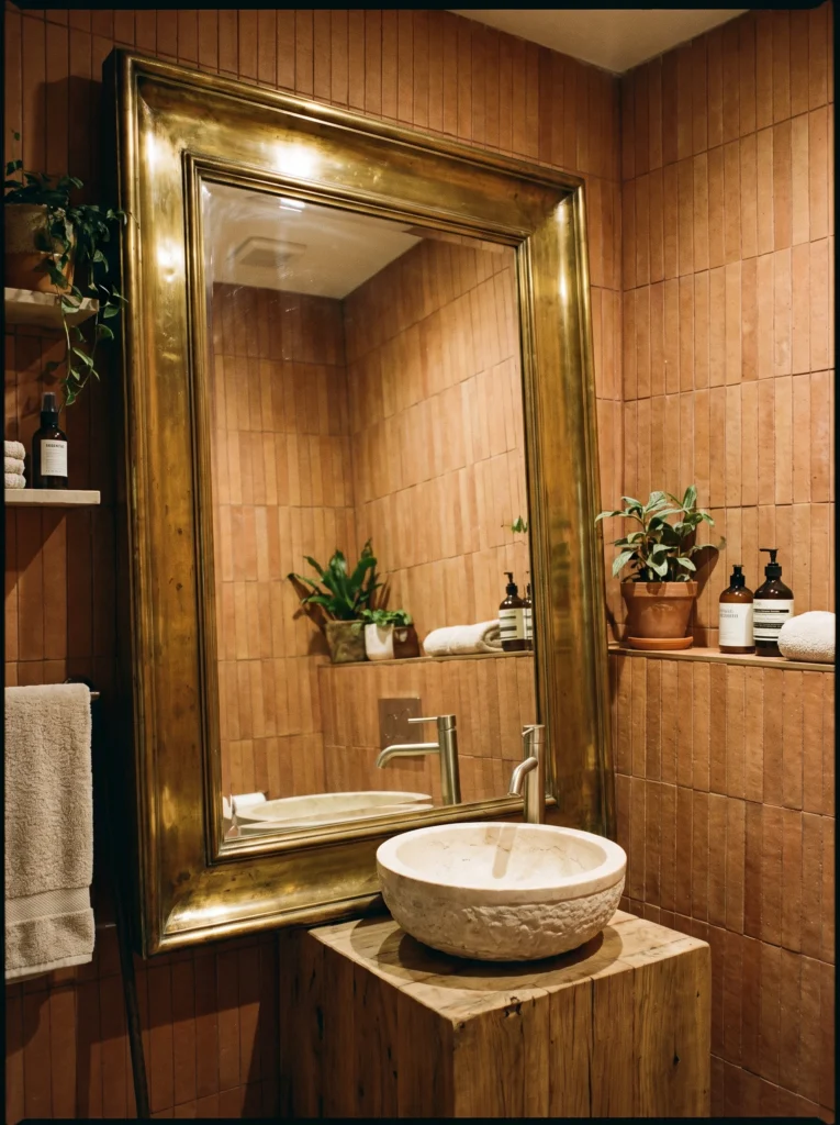 oversized antique brass framed mirror leaning against a terracotta tiled wall behind a round stone vessel sink on a wood block