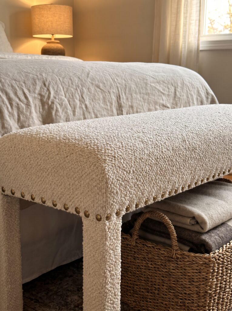 A close-up of a reupholstered boucle bench with brass nailhead trim at the foot of a bed, with a woven basket of folded blankets beside it