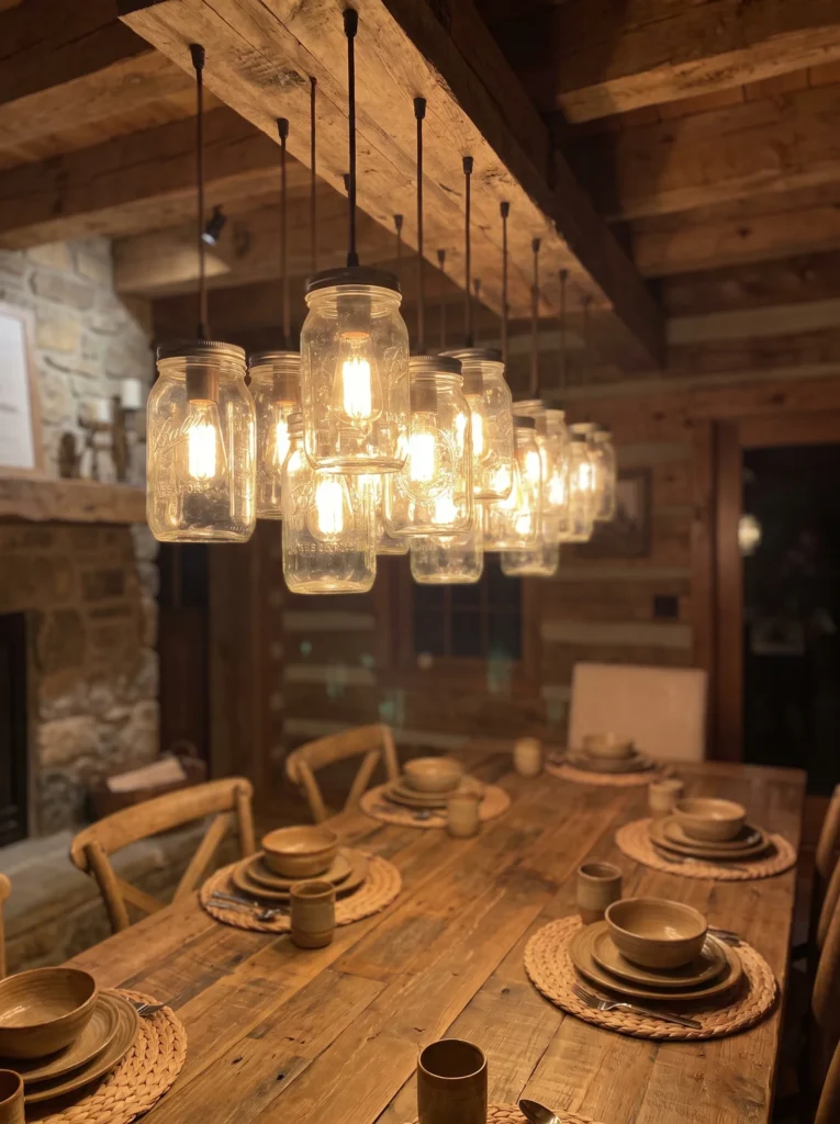 A row of mason jars converted into pendant lights and hung above a rustic wooden dining table set with stoneware dishes and woven placemats