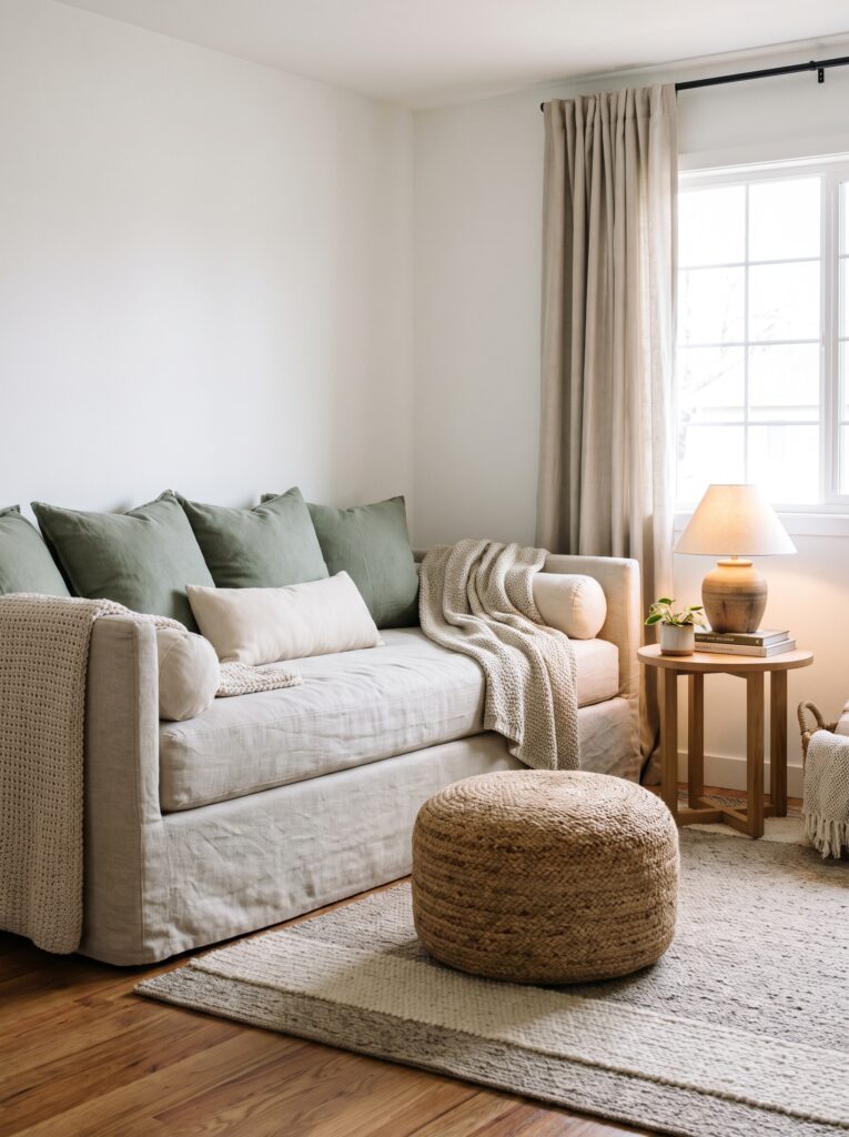 A neutral bedroom corner with a slipcovered linen daybed styled with olive green pillows, a knit throw, a woven jute pouf ottoman, and a ceramic table lamp on a round wood side table