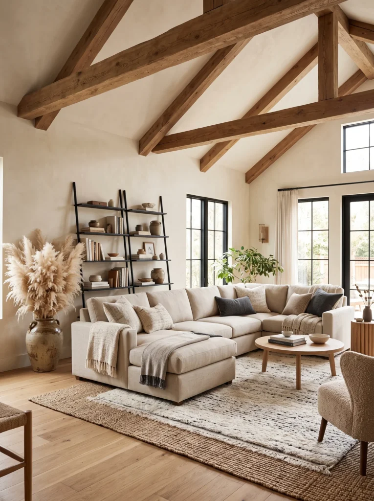 A cream sectional under a vaulted wood beam ceiling, with a large pampas grass arrangement and ladder shelf