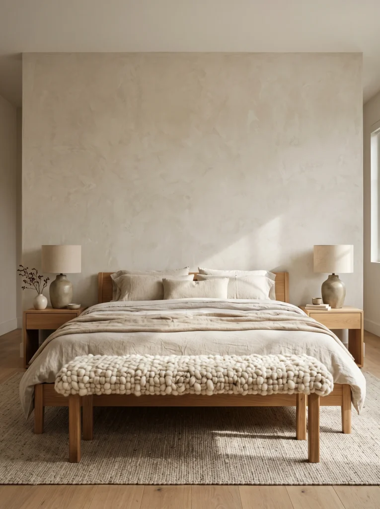 A textured lime-plaster accent wall behind a wooden bed frame with organic ceramic lamps and a handwoven wool bench