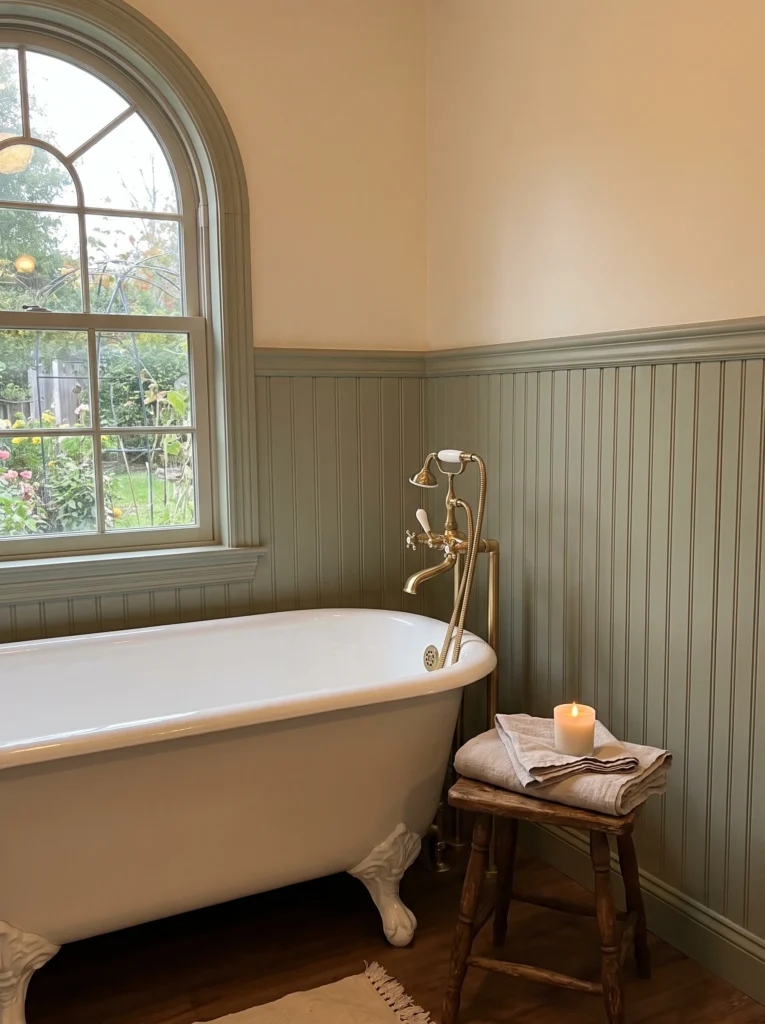 Reglazed white clawfoot tub beneath an arched window, with sage green beadboard wainscoting and a brass telephone-style tub faucet