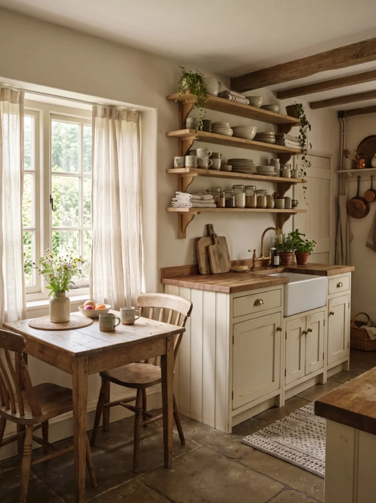 A cottage-style kitchen with cream cabinetry, wood open shelving, a farmhouse sink, and a small wood dining table by a curtained window