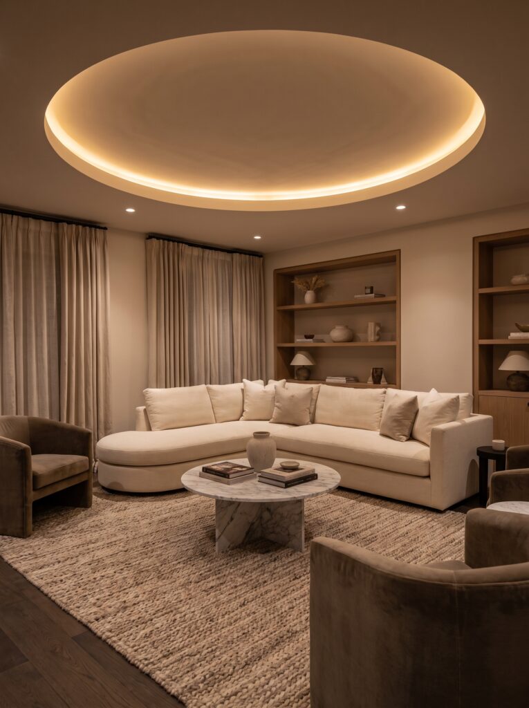 A large round recessed ceiling cove glowing with warm light above a curved cream sectional and marble coffee table