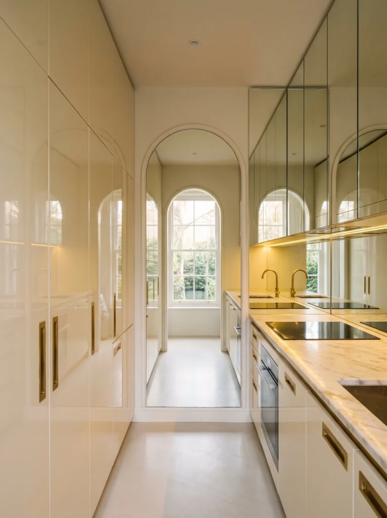 A narrow galley kitchen with glossy ivory cabinets and a mirrored wall reflects arched doorways and brass fixtures throughout the space