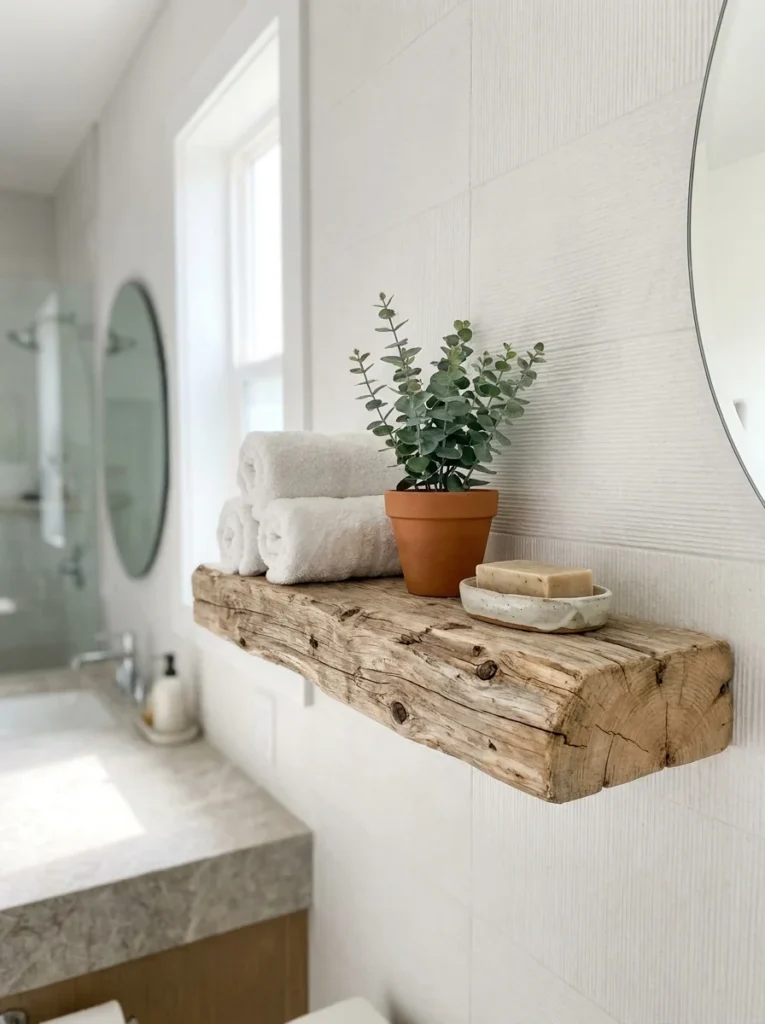[image: A thick reclaimed wood floating shelf mounted on a white tiled bathroom wall, holding rolled white towels, a potted eucalyptus plant, and a ceramic soap dish]