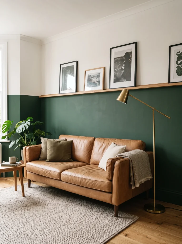  A camel leather sofa against a two-tone wall painted green on the bottom half and white above a picture rail