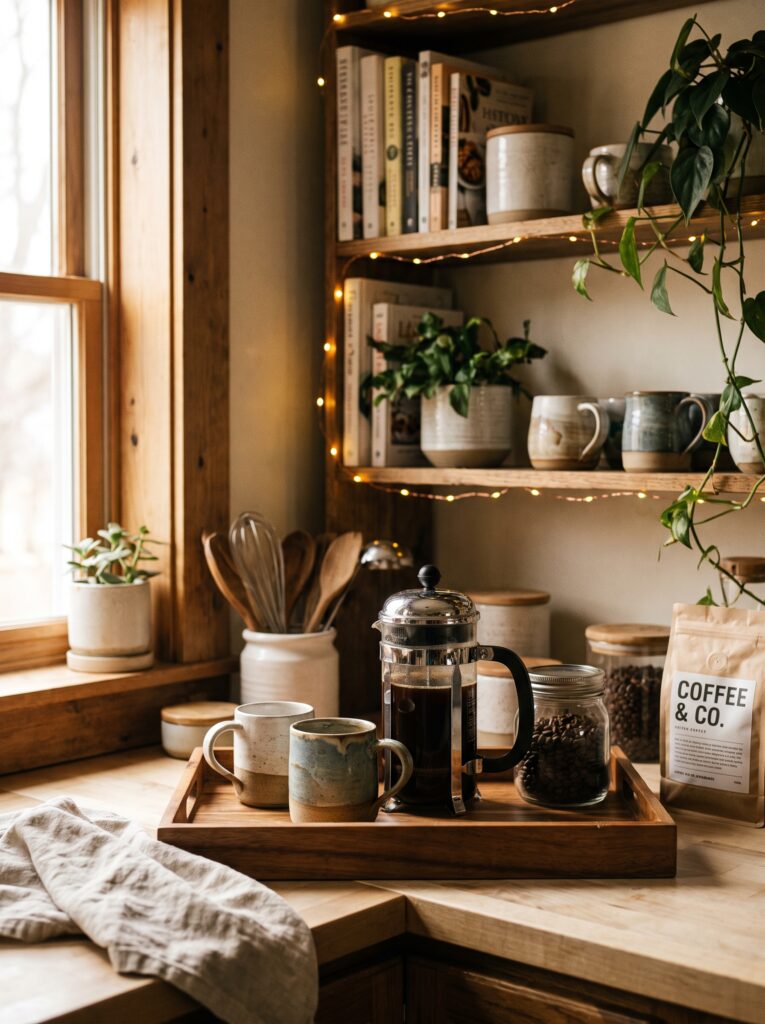 a wooden coffee station with a French press, ceramic mugs, glass jars of coffee beans, cookbooks, and warm fairy lights strung along open shelving