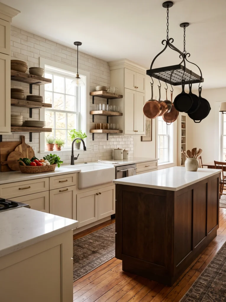 Farmhouse kitchen with cream shaker cabinetry, white subway tile wall, apron-front sink, wrought-iron pot rack hanging copper and cast-iron cookware, reclaimed wood open shelving, and a dark wood kitchen island