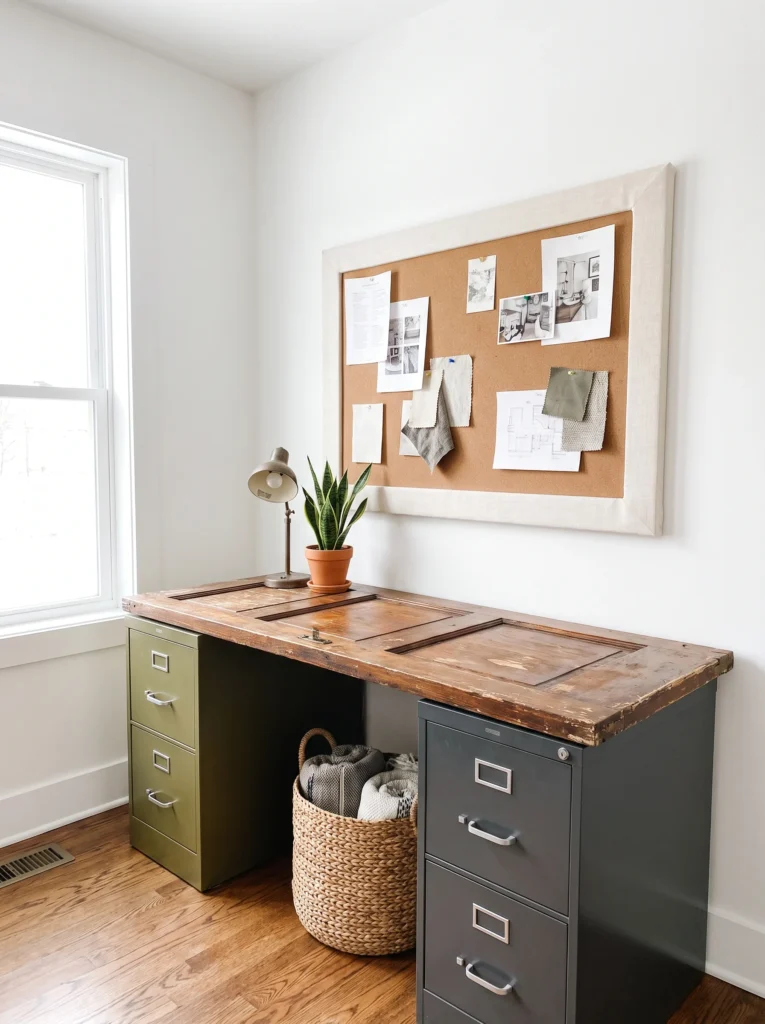  A home office desk made from a reclaimed wooden door laid across two vintage metal file cabinets, one painted olive green and one dark charcoal, with a small desk lamp, a potted snake plant, and a fabric-wrapped corkboard on the wall above