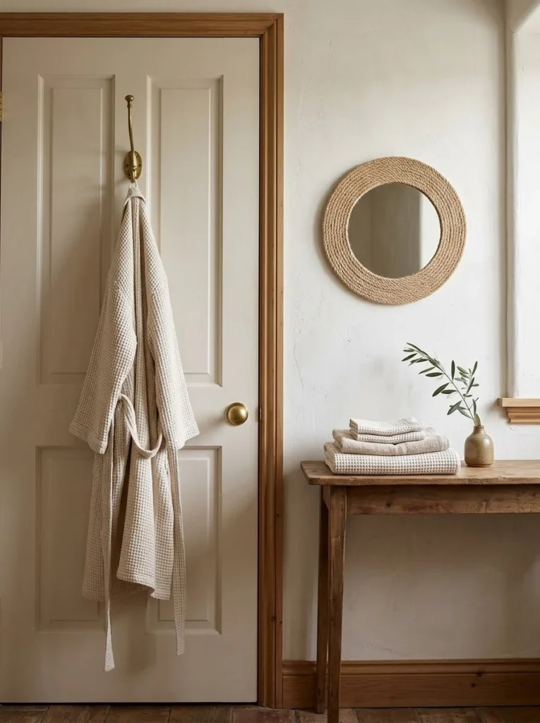 Bathroom door with a brass hook holding a waffle knit robe, next to a round mirror framed in jute rope and a small wooden console table with folded towels
