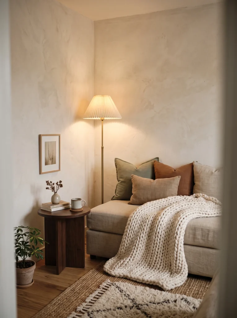 Woven rattan storage trunk open at the foot of a bed, showing folded neutral linens inside, with a woven throw blanket, a candle, and a small tray styled on top