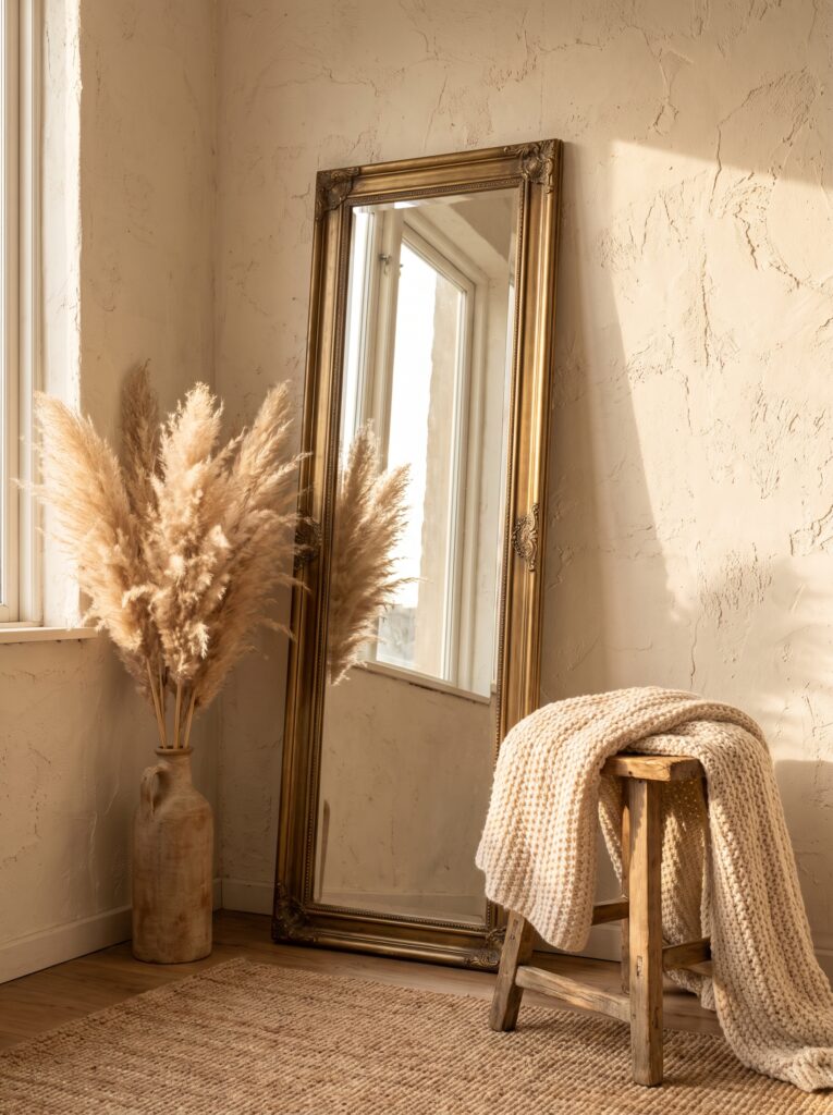 An ornate thrifted brass floor mirror leaning against a textured plaster wall next to dried pampas grass and a small wooden stool draped with a knit throw
