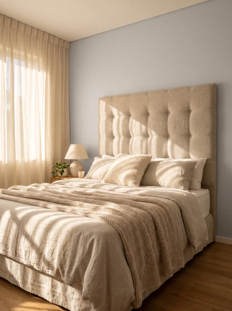 A tall tufted linen headboard in a warm beige tone behind a neatly made bed with cream bedding and a knit throw, lit by soft afternoon sunlight