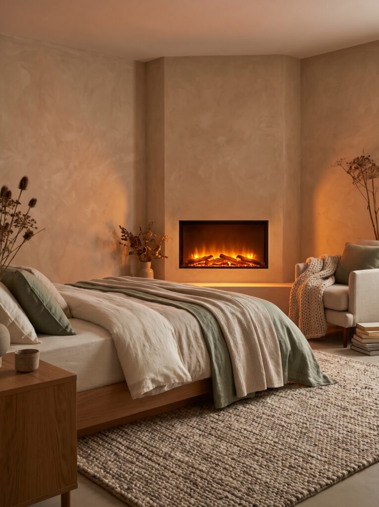 A cozy bedroom with a small built-in corner electric fireplace framed in warm plaster, facing a low bed dressed in ivory and sage green linens, with a reading chair and dried flowers on either side