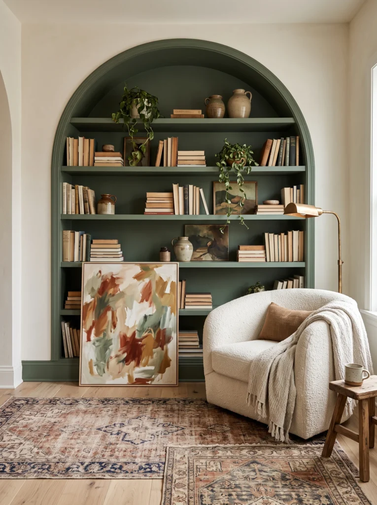 A sage green arched bookshelf niche next to a cream boucle armchair with a brass reading lamp