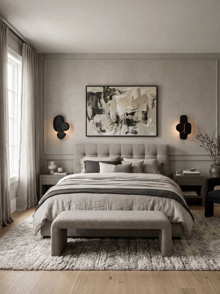 A monochrome greige bedroom with a tufted upholstered bed, sculptural black wall sconces, and a large abstract canvas