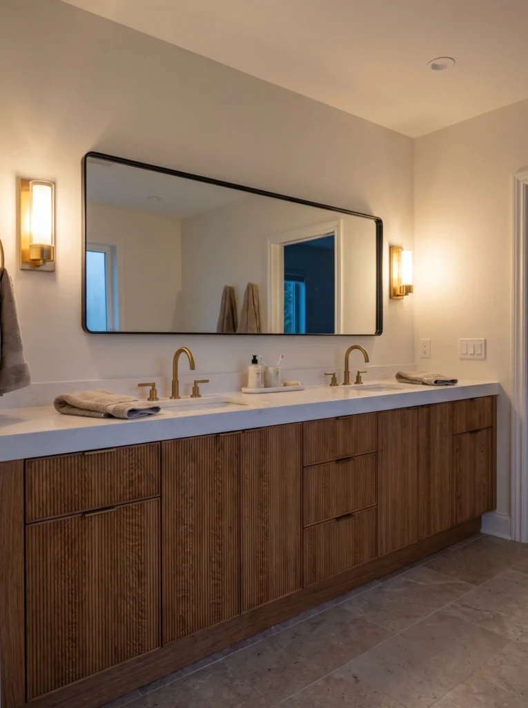 Wide double vanity with vertical fluted oak cabinet fronts, a white stone countertop, two brass faucets, and a long black-framed mirror