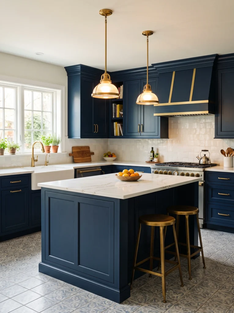 A deep navy blue kitchen with a gold-striped range hood, patterned cement tile flooring, brass pendant lights, and brass counter stools