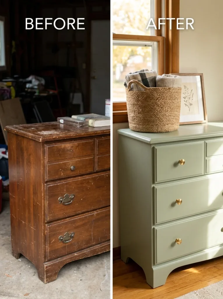  A before-and-after comparison of a wooden dresser, worn and dark on the left, repainted sage green with new brass knobs and styled with a basket on the right