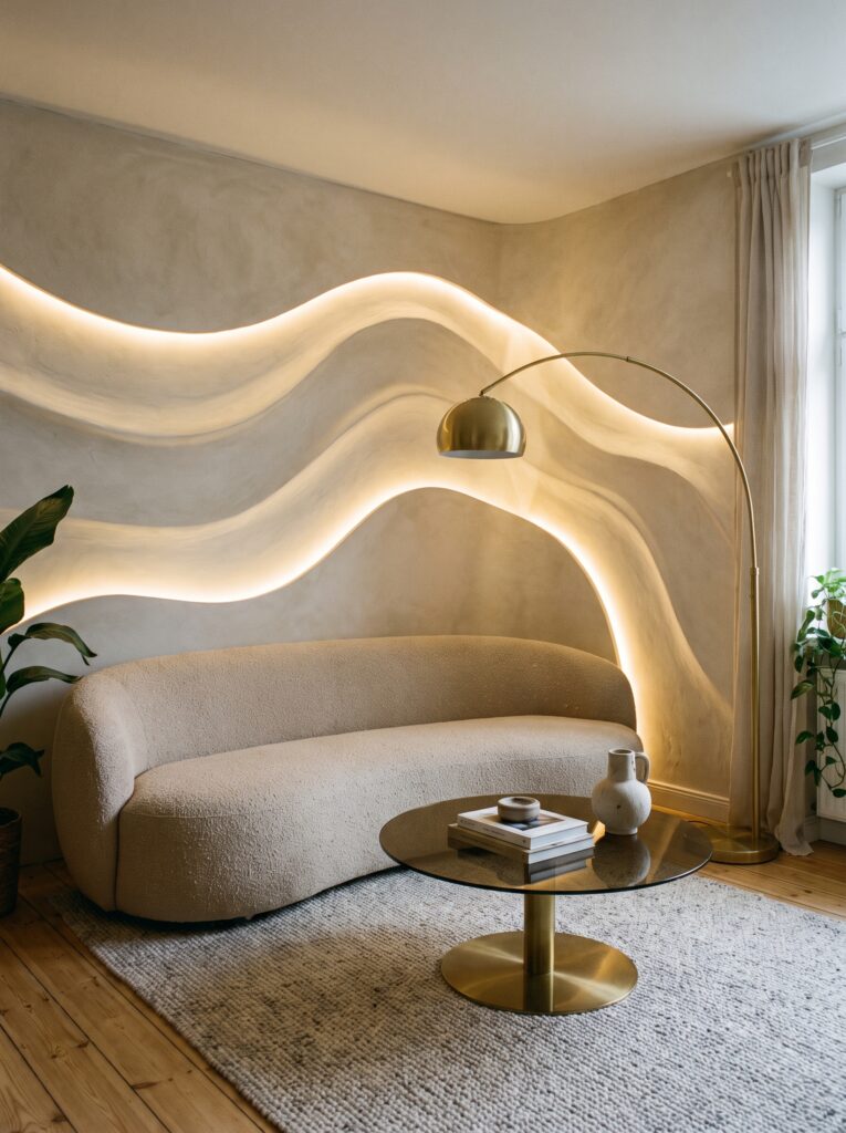 A plaster wall sculpted into flowing wave shapes, backlit with warm LED light, behind a curved cream boucle sofa and brass arc lamp