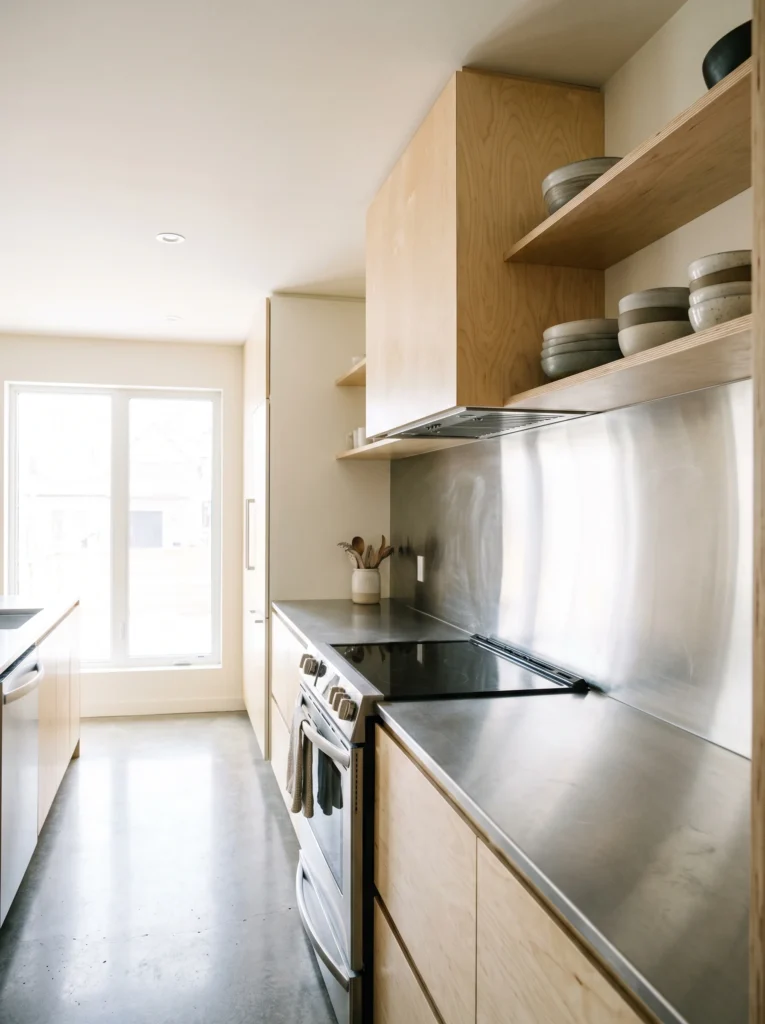 A small kitchen features a continuous stainless steel backsplash behind the stove, paired with pale wood cabinetry and open wood shelving