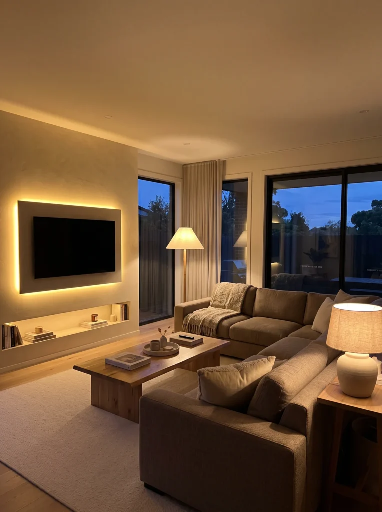 A cozy living room at dusk with a taupe sectional, backlit TV wall, and warm table lamp lighting