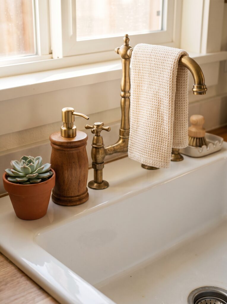 a brass bridge faucet with a waffle-knit towel draped over it, a wooden soap dispenser, a small succulent, and a wooden dish brush beside a white farmhouse sink