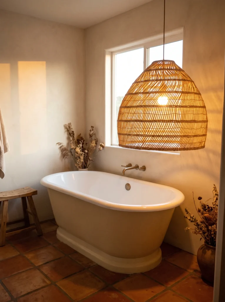 large woven rattan pendant light hanging over a white freestanding tub in the corner of a warm terracotta tiled bathroom