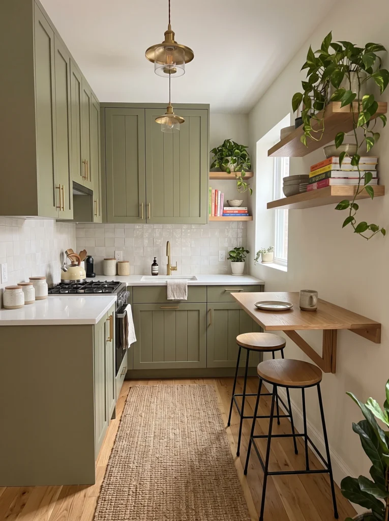 Narrow kitchen with olive green shaker cabinetry, brass schoolhouse pendant lights, tiled backsplash, wood fold-out wall table with two stools, jute rug, and trailing plants on open shelves