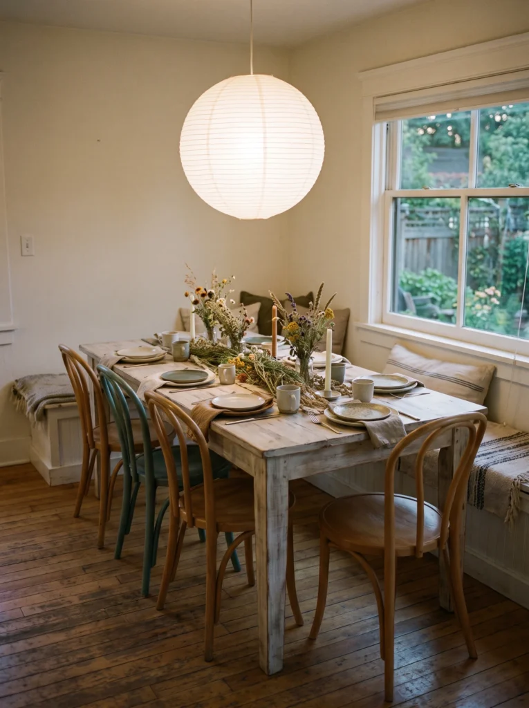 A whitewashed wood dining table surrounded by mismatched bentwood chairs in natural and painted teal finishes, topped with ceramic dinnerware, wildflower centerpieces, and taper candles, under a round white paper lantern pendant