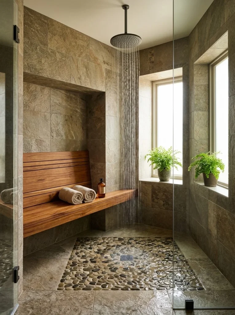 Stone-tiled walk-in shower with a rain showerhead, a built-in teak bench holding rolled towels and an amber bottle, and river-stone flooring inset into the shower floor