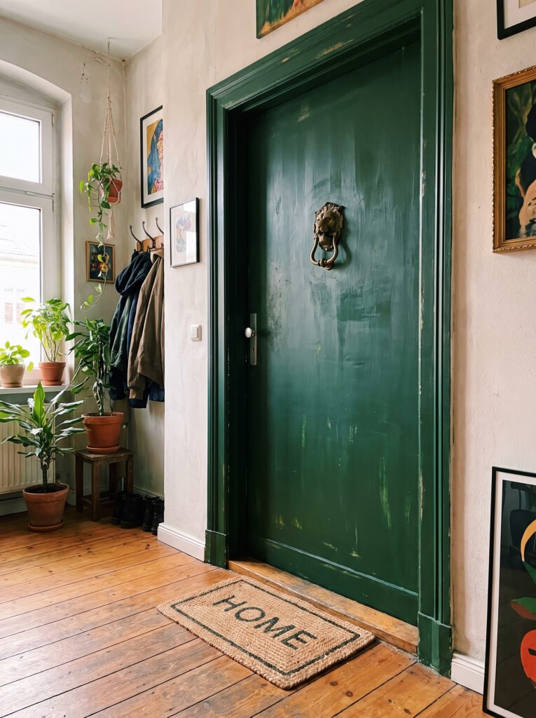 A moody forest green front door with a brass lion door knocker, a jute welcome mat, and potted plants near a wood-floored entryway