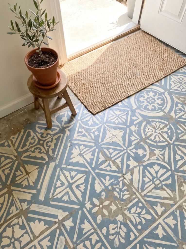 A blue and white stenciled cement-tile pattern painted onto a concrete entryway floor, beside a small olive tree in a terracotta pot and a jute doormat