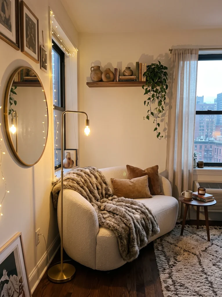 A small apartment corner with a boucle loveseat, faux fur throw, string lights, and a round mirror