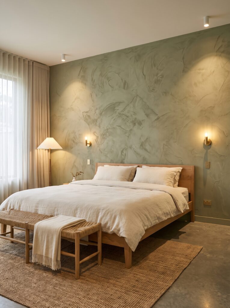 A modern bedroom with a hand-troweled Venetian plaster feature wall in warm sage green, brass wall sconces flanking a wood bed frame, and woven bench seats at the foot of the bed