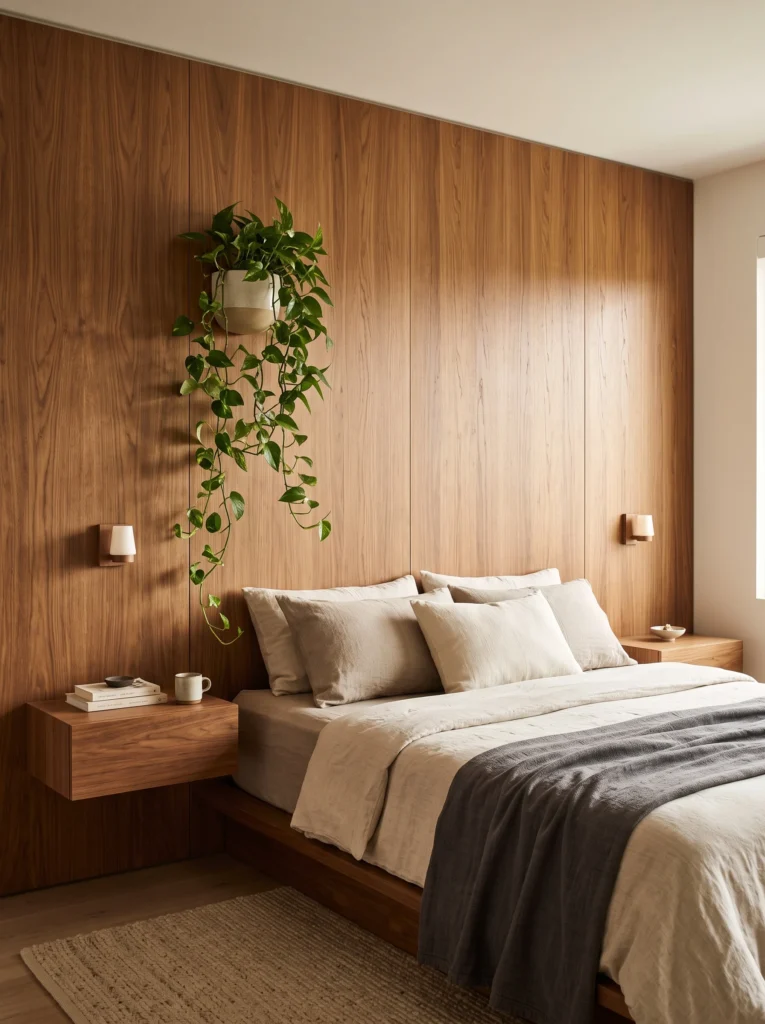 A warm wood-paneled bedroom wall with a trailing plant, floating nightstand, and wall sconces flanking the bed