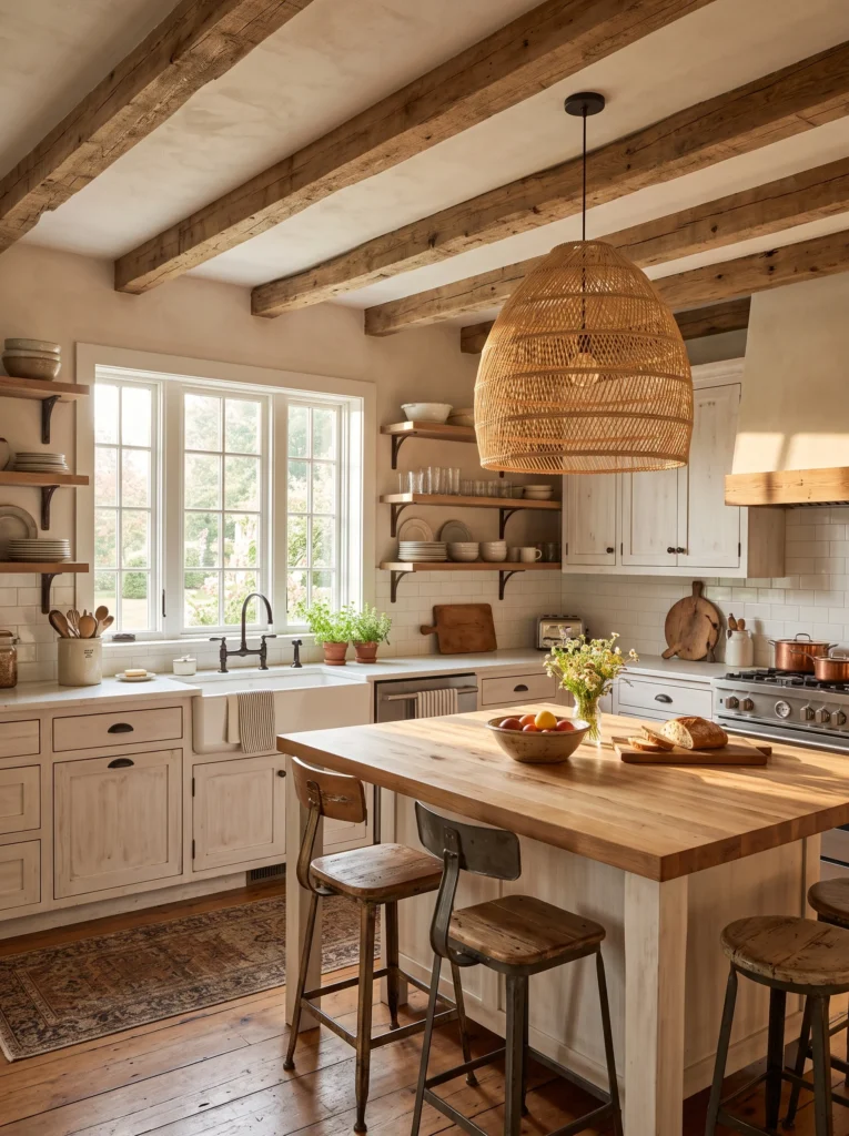 A rustic farmhouse kitchen with exposed wood ceiling beams, whitewashed cabinets, a large woven pendant light, and a butcher block island with metal stools