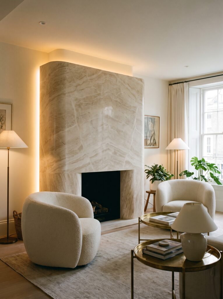 A tall curved marble fireplace surround with backlighting, flanked by two cream boucle swivel chairs and round brass tray tables